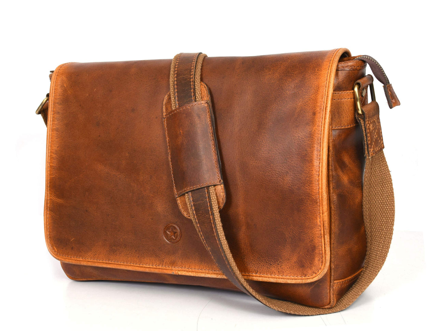 16" Crossbody Bag Leather Laptop Messenger Bag For Men with trolley sleeve for school office (Caramel)