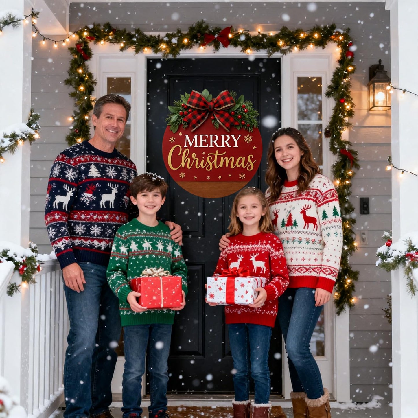 Merry Christmas Wreaths for Front Door - Welcome Door Hanger Sign with Bow, Greenery & Red Berries, for Holiday Rustic Farmhouse Outdoor Wall Windows Decor (Merry Christmas Wreaths)