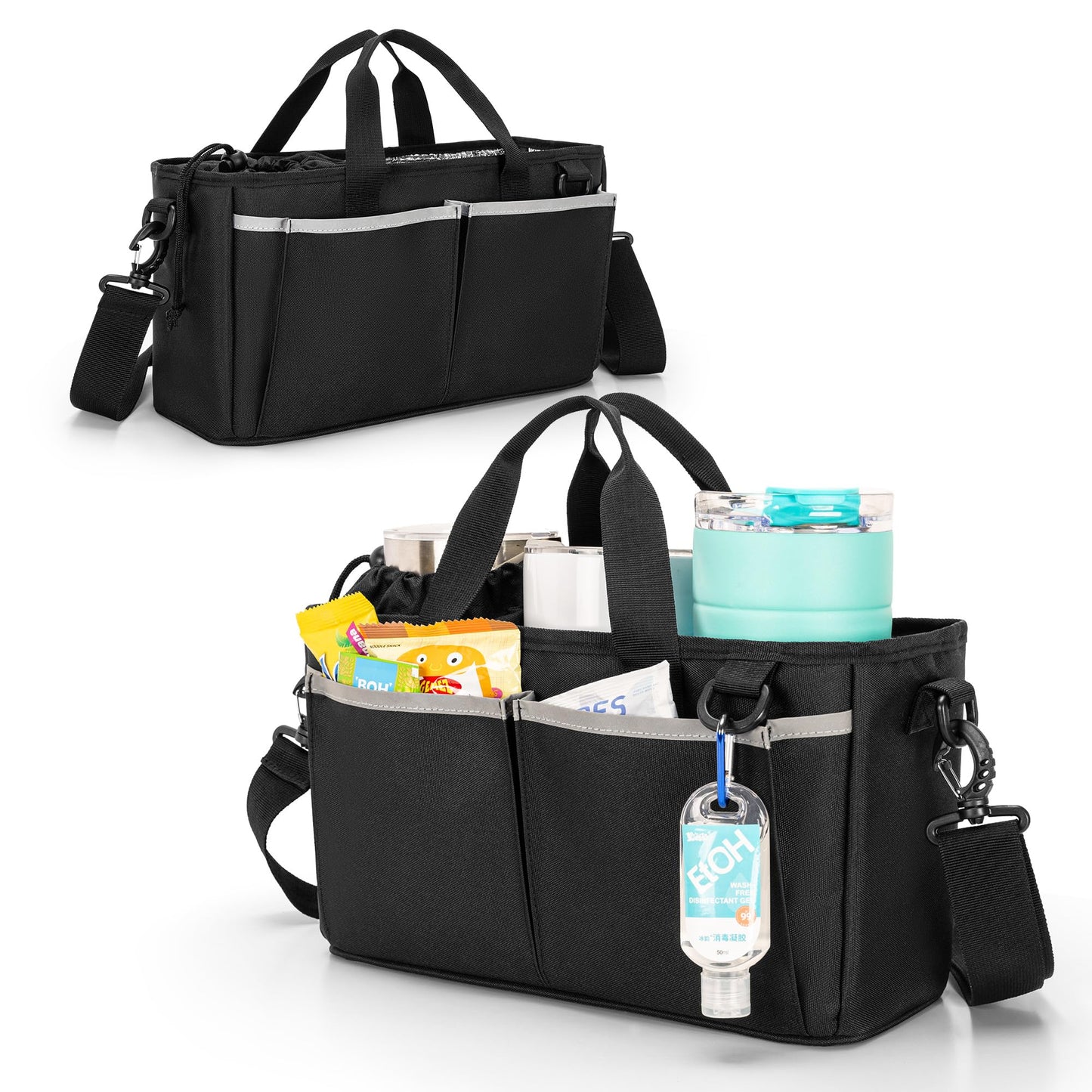 Trunab Water Bottle Carrier with Drawstring Buckle, 32/40 oz Cup Holder Bag with Detachable Divider, 3 Cup Carrier with Adjustable Shoulder Strap