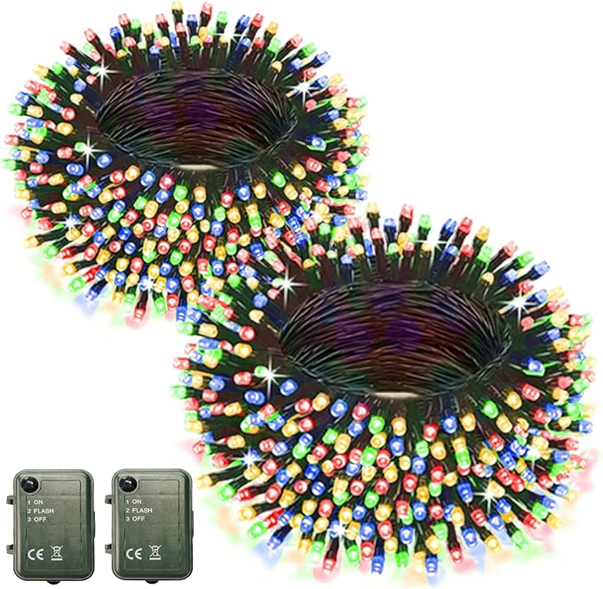 Colorful String Lights Battery Powered, 2 Pack Total 66.6 FT 200 LED Christmas String Lights Indoor Outdoor Decoration, Twinkle Fairy Light for Classroom Dorm Bedroom Xmas Tree Party Decor