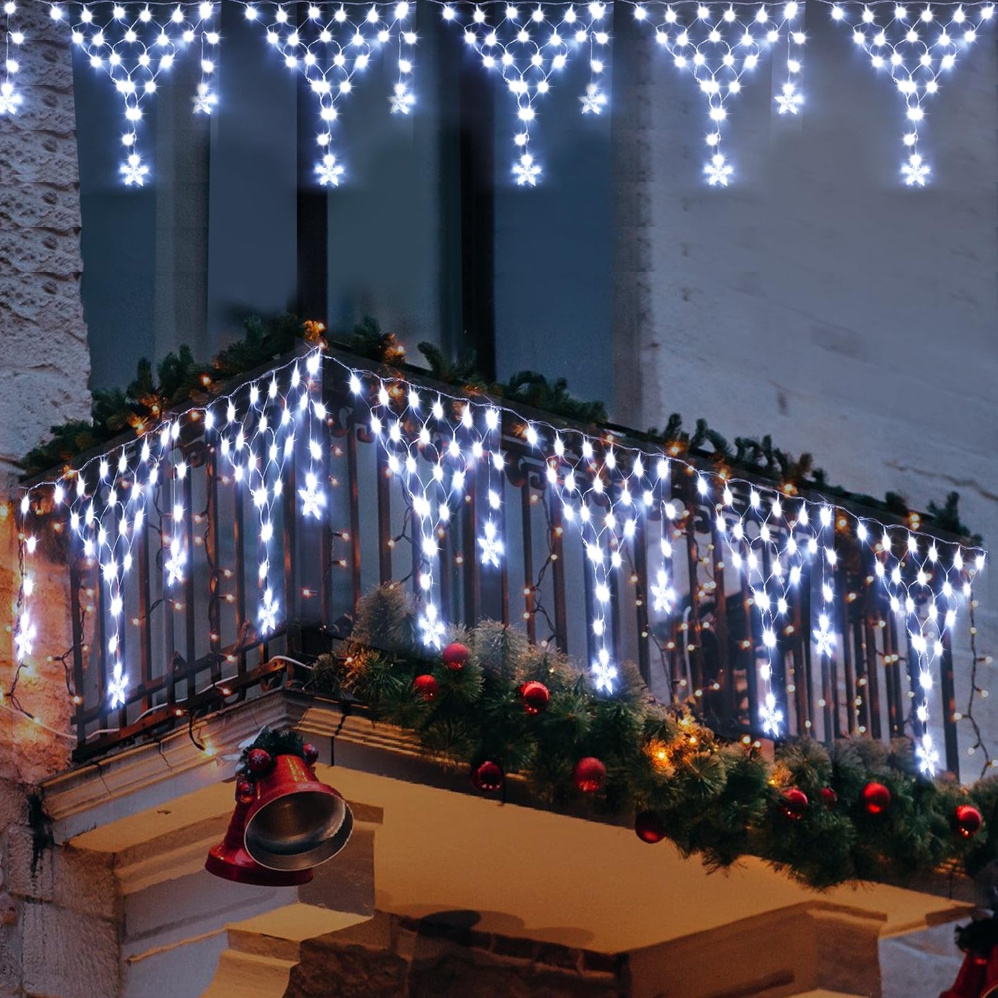 Ramadan Outdoor String Lights Waterproof, 218 LED 13.8FT Star Curtain Fairy Lights with 12 Drops Connectable Clear Wire Christmas Light Decorations 8 Modes for Eaves Yard Wedding Party Holiday Decor