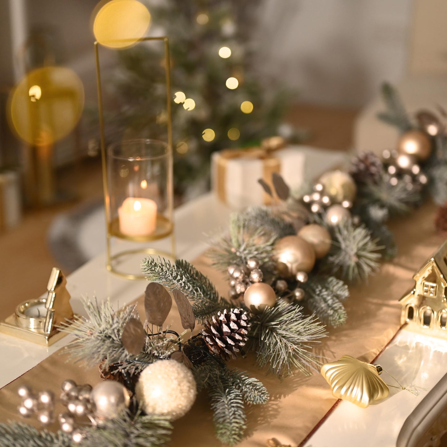 Valery Madelyn 6 Ft Pre-Lit Christmas Garland with Lights for Mantle, Lighted Outdoor Xmas Garland with White Gold Balls Norfolk Pine for Home Stairs Fireplace Table Centerpiece Indoor Holiday Decor