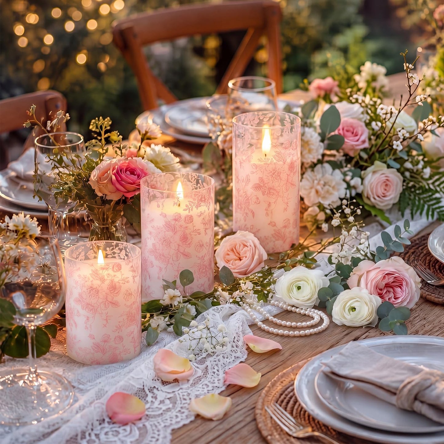 Lewtemi 3 Pcs Flameless Candles with Remote Pink Flower Flickering LED Candles Electric Pillar Candle for Wedding Dinner Christmas Holiday Decor (3 x 4" 5" 6" )