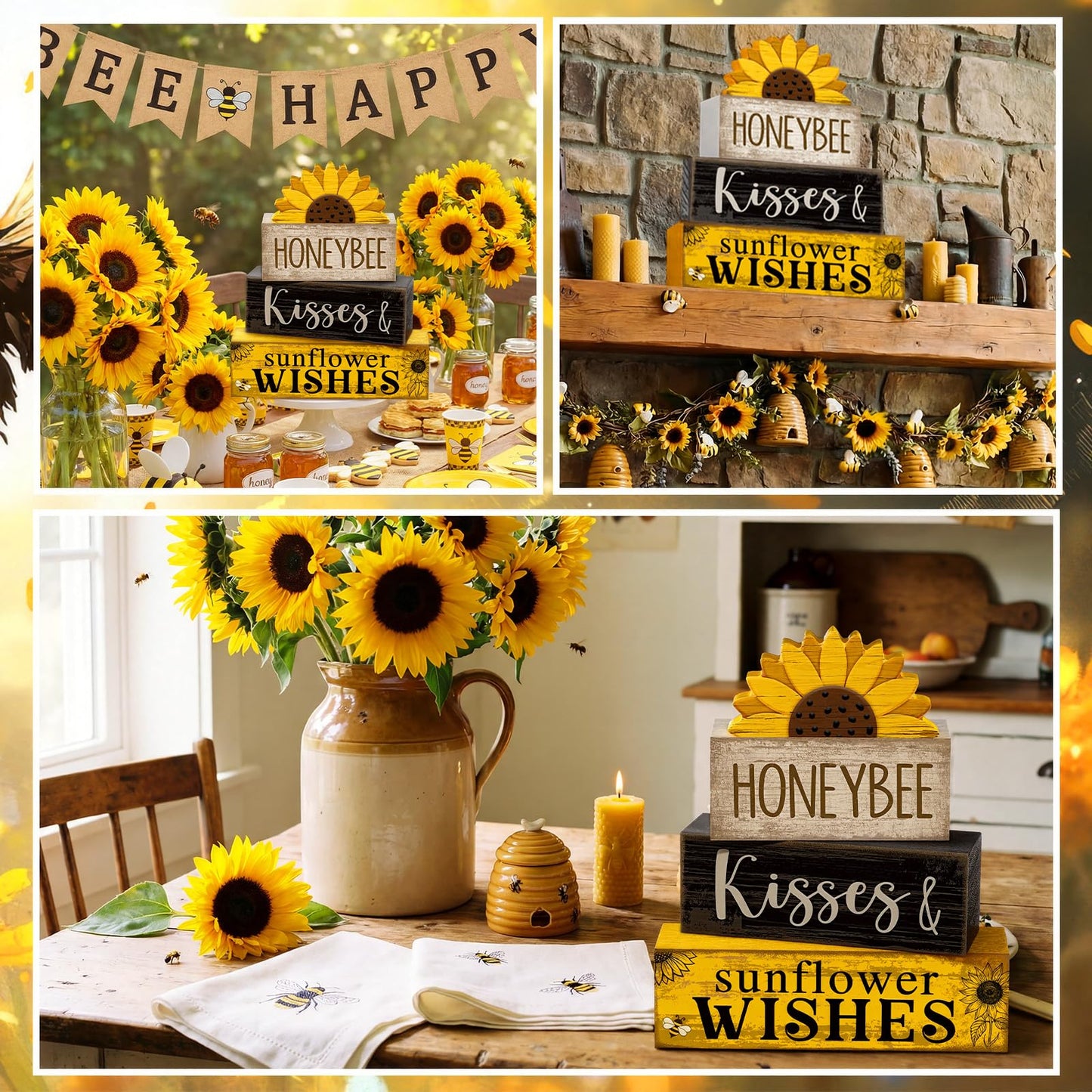 Lineshading 4 Pcs Summer Table Decor Wooden Sunflower Tiered Tray Decor Rustic Farmhouse Yellow Block Signs Gifts Summer Tabletop Centerpieces for Home Kitchen Coffee Bar Decorations