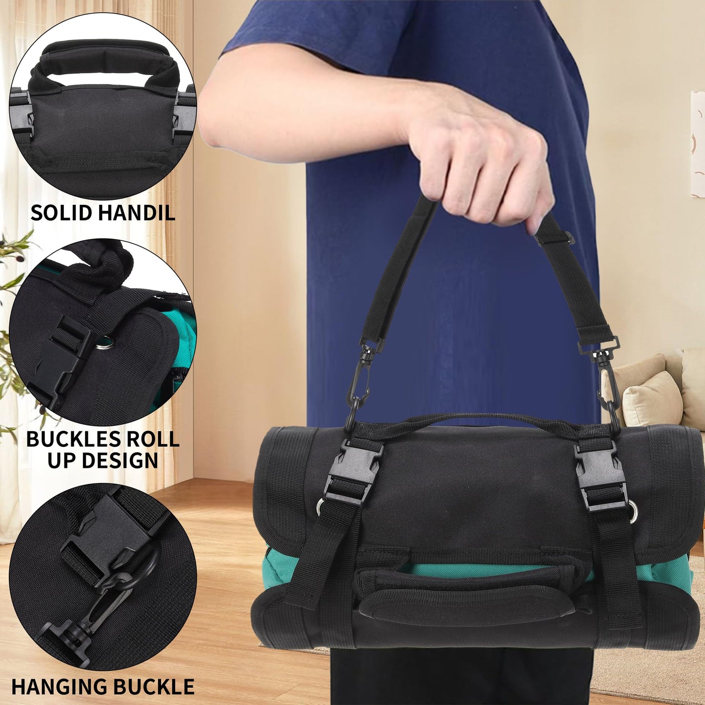 W WINTMING Tool Roll Bag, Tool Bag Organizer, Tool Carrier Roll UP Storage Pouches with 6 Zipper Pockets & Strap, Gifts for Men Mechanic Electrician Hobbyist (Cyan)