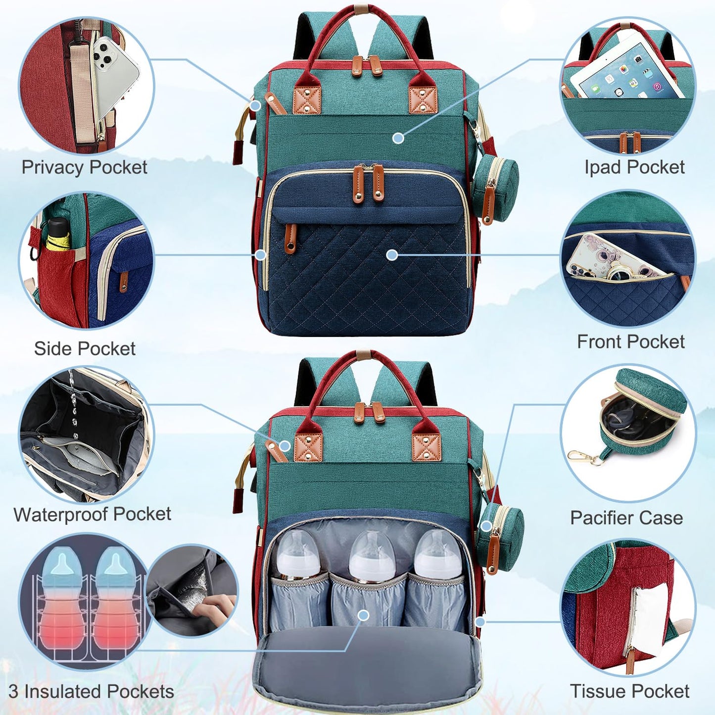 SHITIESHOU Diaper Bag Backpack Baby Bag, Baby Girl Boy Diaper Bag for Dad Mom with Pad, 16 Pockets, Pacifier Case, Large Diaper Bags Unisex for Travel (Colorful)