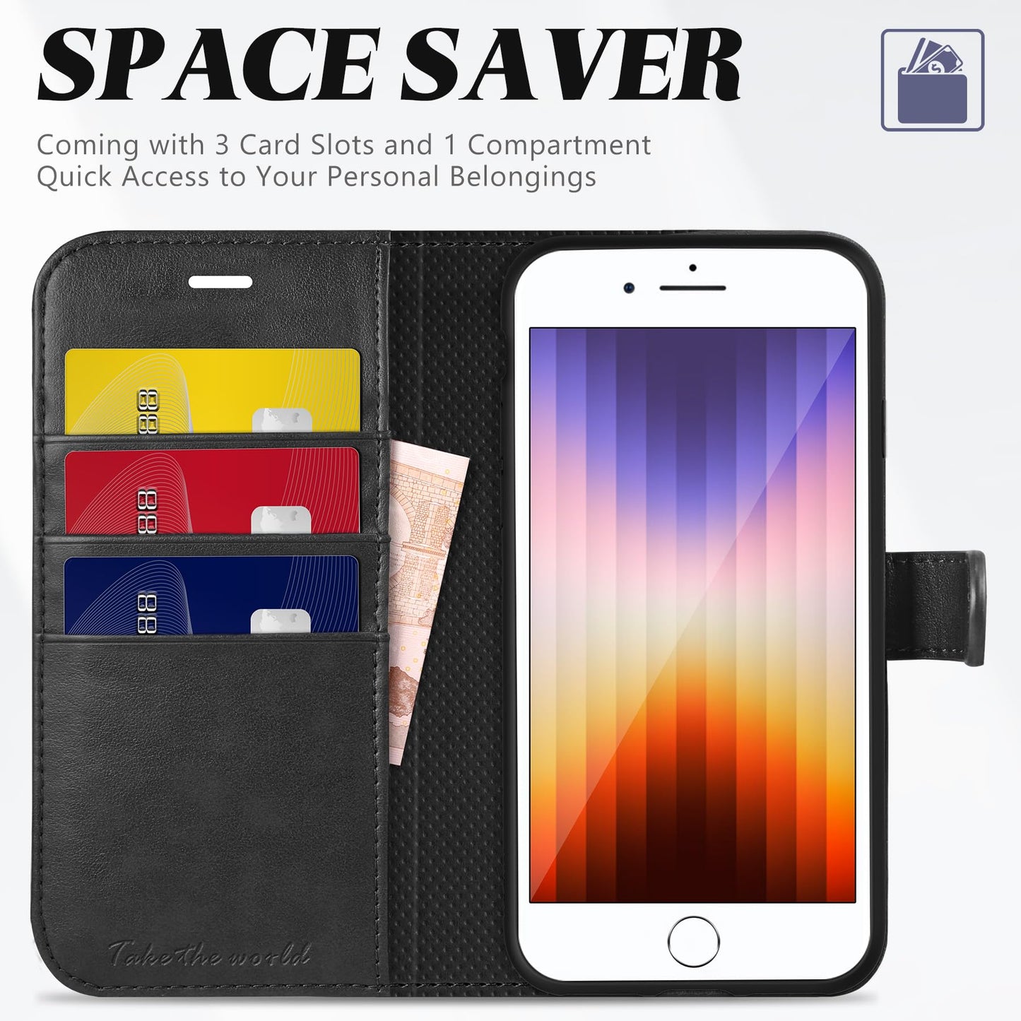 TUCCH Case Wallet for iPhone SE 2022/ iPhone 7/8/iPhone SE 2020, PU Leather 3 Card Slots Stand Magnetic Flip Folio Cover TPU Shockproof Inner Shell, Black