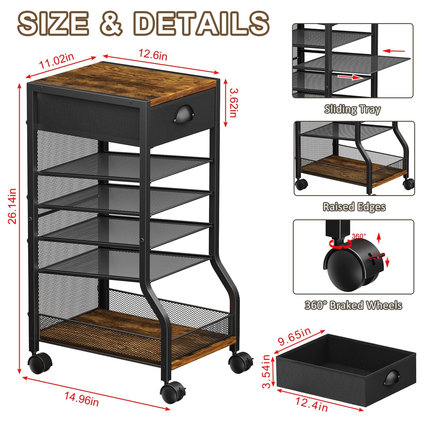 keomaisyto 6-Tier Rolling File Cart with Drawer, Under Desk Storage with Paper Letter Sliding Trays, Standing File Organizer with Wheels, Slim Workspace Organizers for Office/Home/School/Study