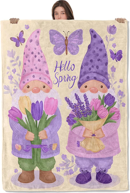 Gnome Lightweight Throw Blanket, Purple Lavender Flower and Butterfly, Warm Soft Cozy Flannel Blankets, Couch Dorm Home Decor All Season Use, 50x40in, Beige, Gifts for Women and Spring Lovers