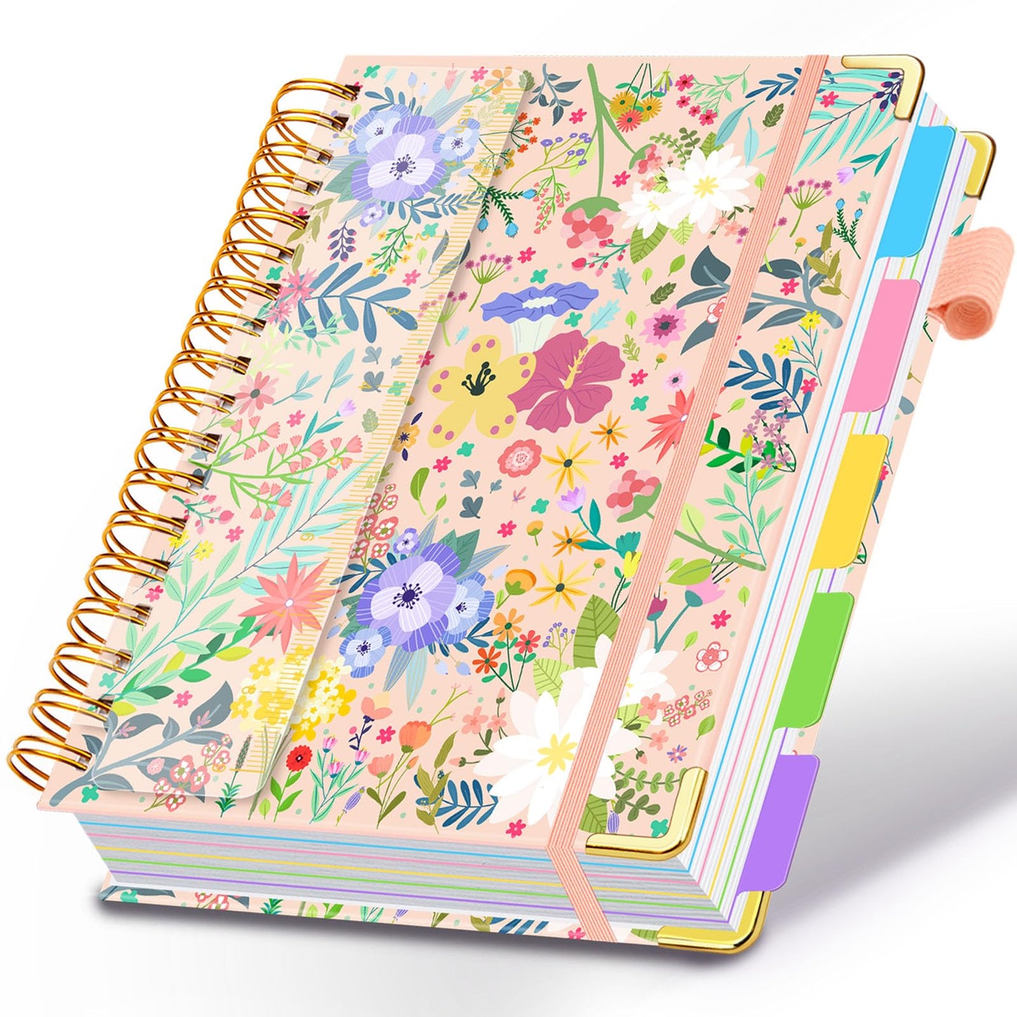 Spiral Journal Notebooks for Work, 300 Pages 5 Subject Notebook College Ruled with Dividers & Tabs, 8''x 10'' Large Notebook Journal for Women Students Note-Taking and Organizer (Beige Bloom)