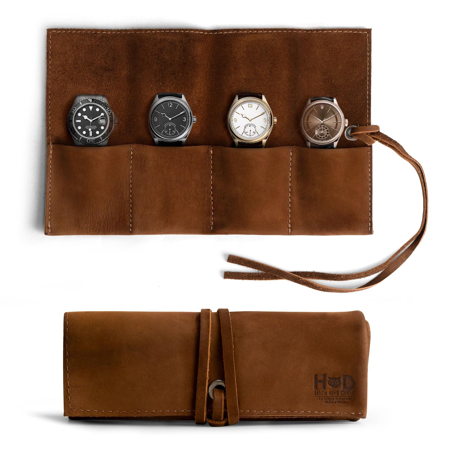 Hide & Drink, Leather Watch Roll Organizer Handmade from Full Grain Leather, Holds Up to 4 Watches, Easy Carry On Watchlover Storage (Swayze Suede)