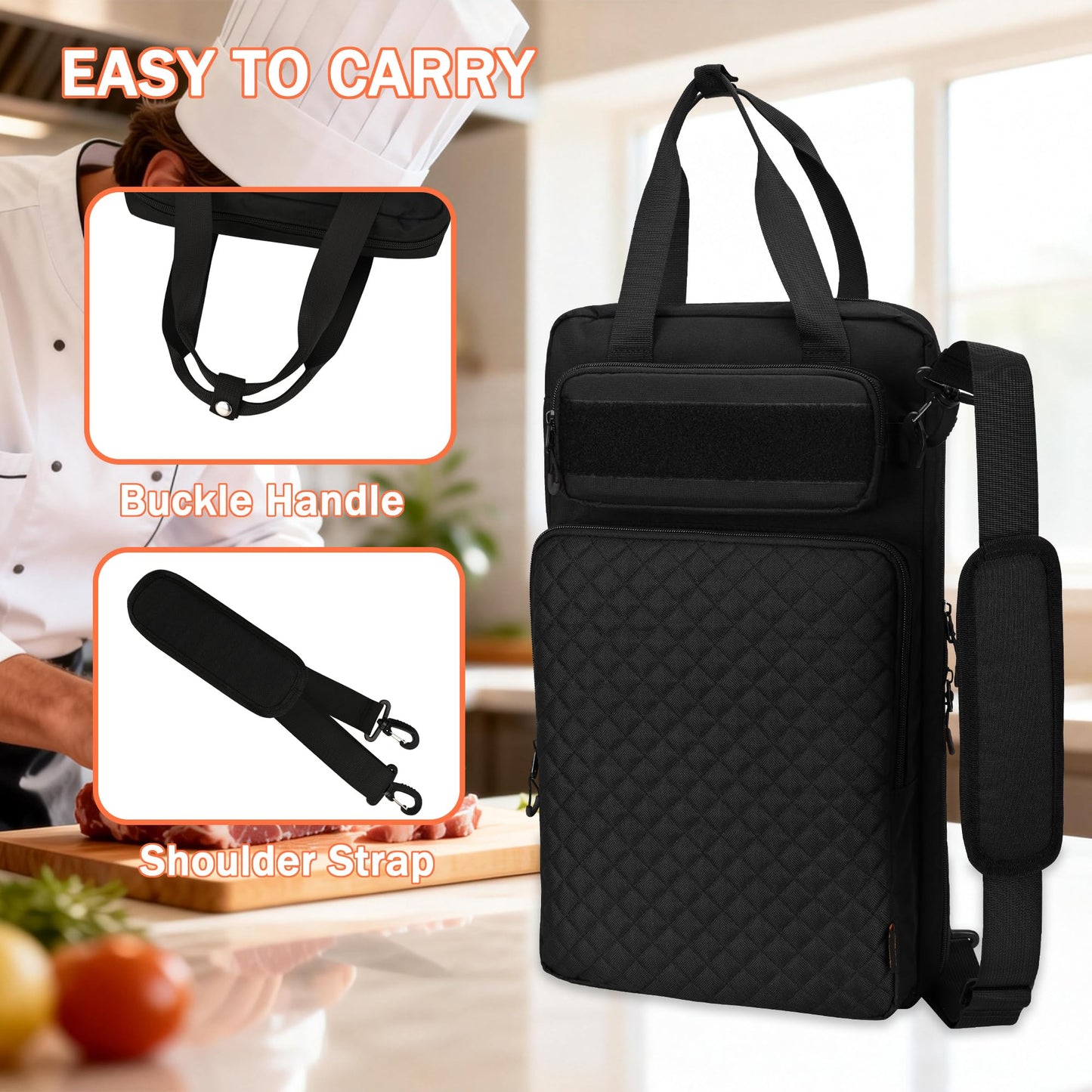 FURIMETY Professional Knife Bag with Front Pocket for Cookbook & Pad, Chef Knife Bag With Shoulder Strap, Knife Carrying Case for Kitchen Tools & Chef Utensils, Quilted Black
