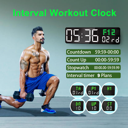 LUCORB Gym Clock with Seconds, 12" Digital Wall Timer Clock for Home Gym, Remote Interval Timer with Tabata HIIT Countdown, Voice Prompt | 5 Display Modes | 4 Training Alarms