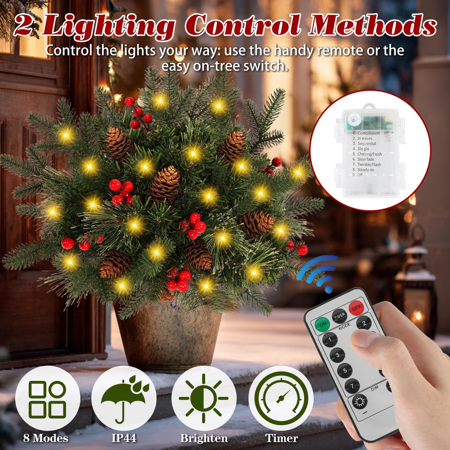 Lighted Artificial Christmas Urn Filler, 2 Pack Small Xmas Pine Tree Outdoor Decorations with Cones, Red Berries & 50 LED Lights, Light Up Planter Filler Decor for Porch Yard, Garden, Cemetery