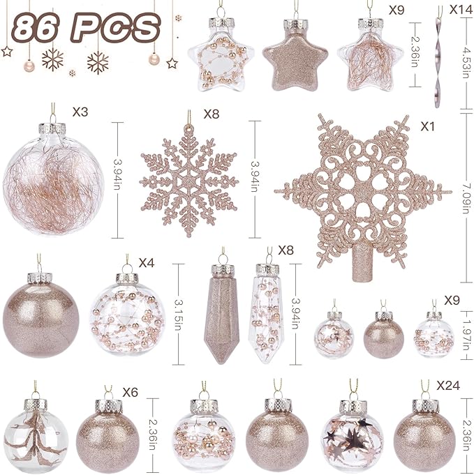 SHareconn 86PCS Christmas Tree Ornaments Clear Set,Shatterproof and Clear Plastic Baubles for Xmas Tree Decor, Holiday Wedding Party Decoration,Champagne