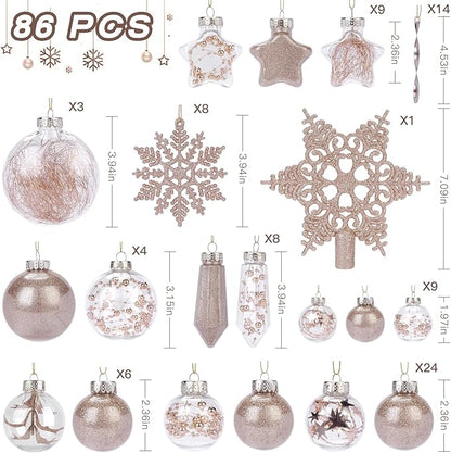 SHareconn 86PCS Christmas Tree Ornaments Clear Set,Shatterproof and Clear Plastic Baubles for Xmas Tree Decor, Holiday Wedding Party Decoration,Champagne