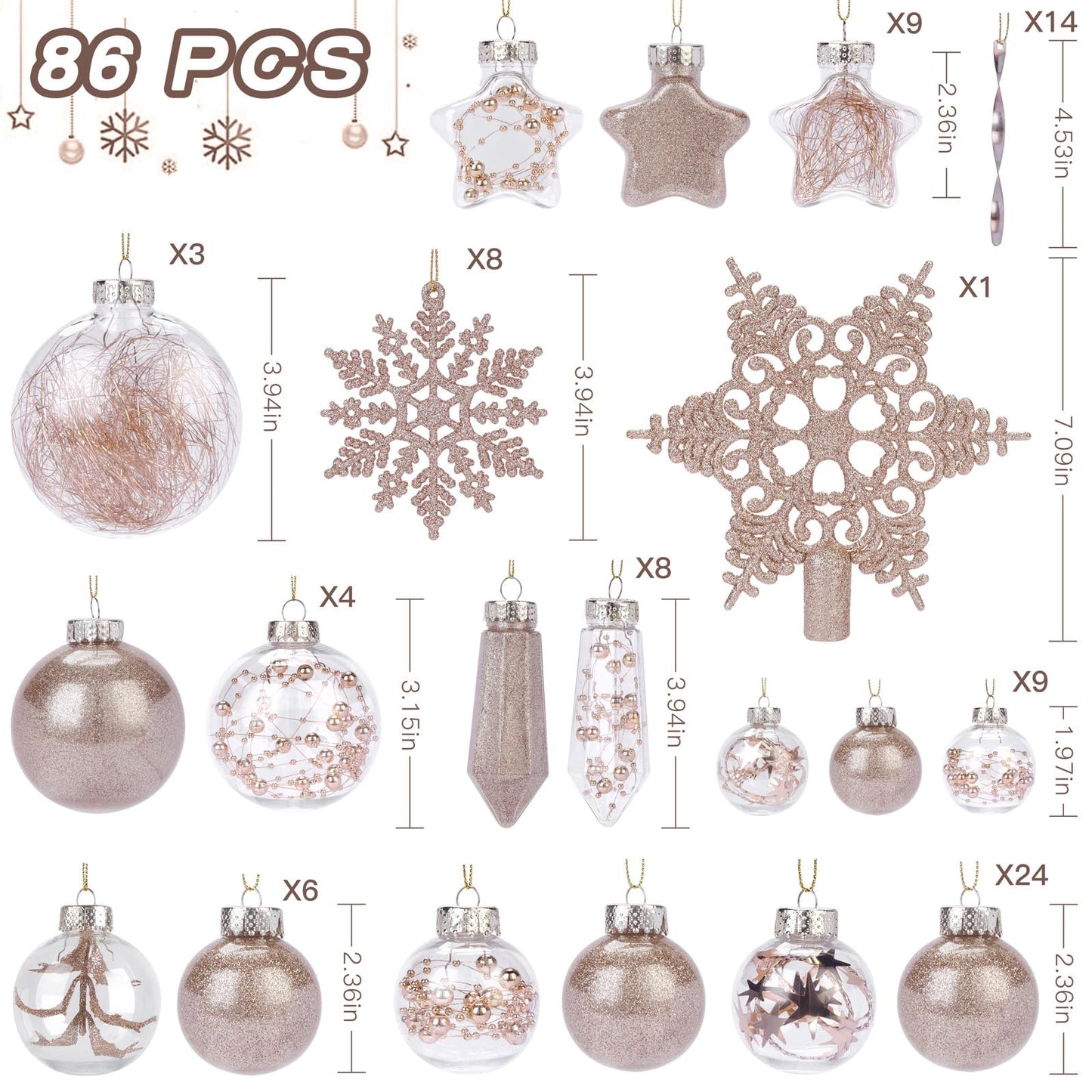 SHareconn 86PCS Christmas Tree Ornaments Clear Set,Shatterproof and Clear Plastic Baubles for Xmas Tree Decor, Holiday Wedding Party Decoration,Champagne