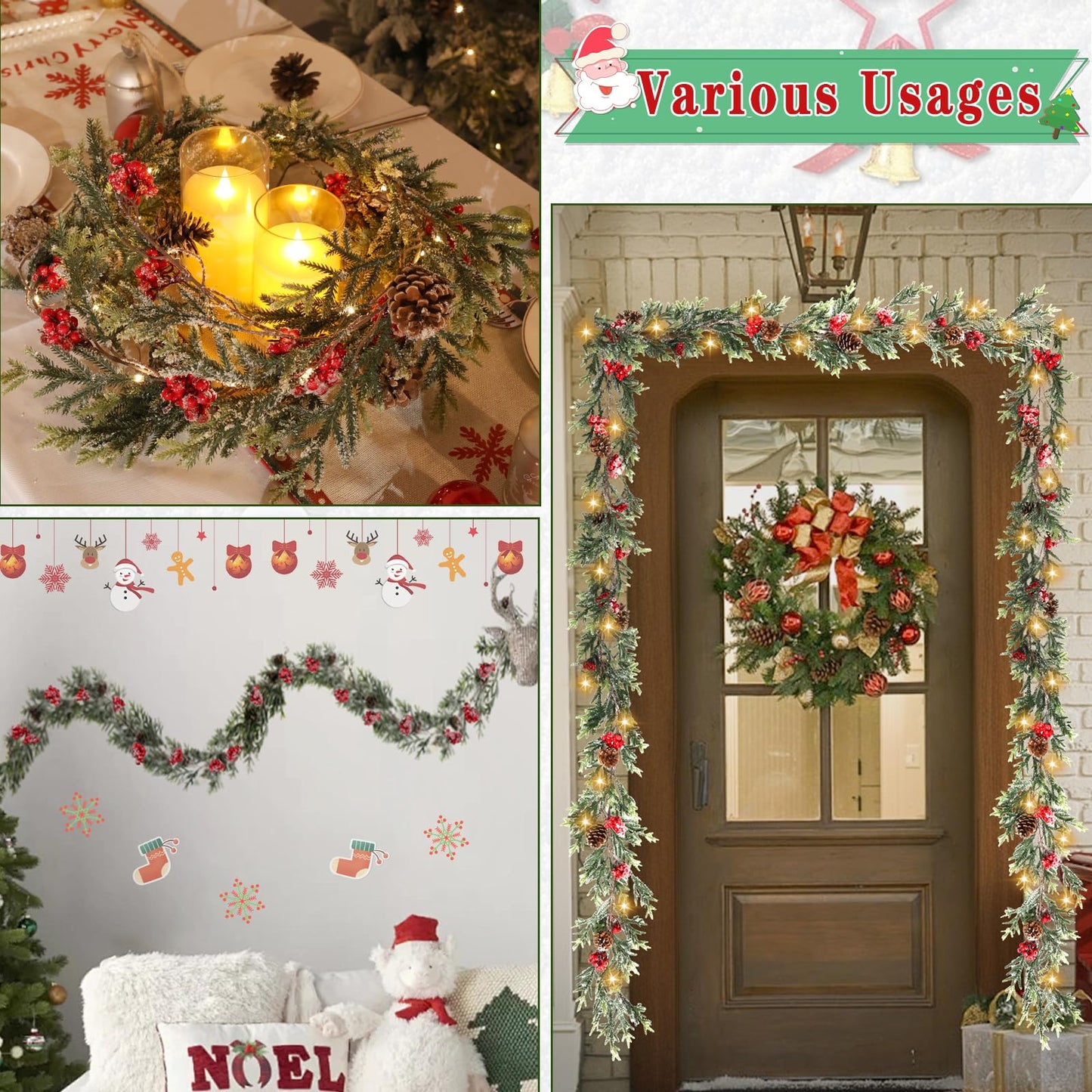 6FT Christmas Garland with Lights, Christmas Decor Pre-lit Artificial Pine Garland with Battery Operated Timer, Decorations Indoor Outdoor Home Holiday Flocked Garland for Mantel Window Stairs Wall