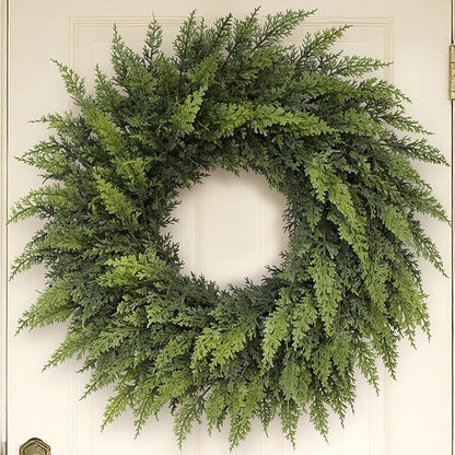 24" Real Touch Christmas Cedar Wreath - Artificial Cedar Wreaths Faux Green Fake Pine Needles Wreath for Front Door, Wall, Windows, Home,Outdoor,Xmas Decor