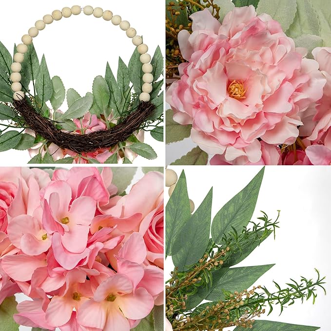Spring Wreath 10" Artificial Floral Wood Bead Eucalyptus Leaves Peony Hydrangea Wreath for Front Door Boho Farmhouse Wall Decor 2 Pack - Pink
