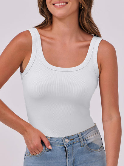 ANRABESS Womens Sleeveless Scoop Neck Tank Top Ribbed Fitted Summer Basic Slim Cute Tops 2025 White Medium