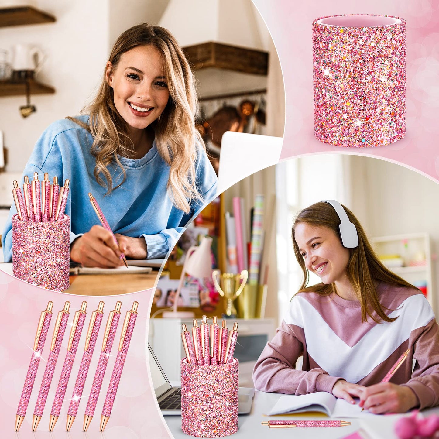 BBTO Bling Sequin Pen Holder with 6 Pcs Sequin Click Pens Cute Glitter Retractable Ballpoint Pens, Pencil Cups for Desk Organizer Makeup Brush Holder for Women Girls Classroom Offices(Pink)
