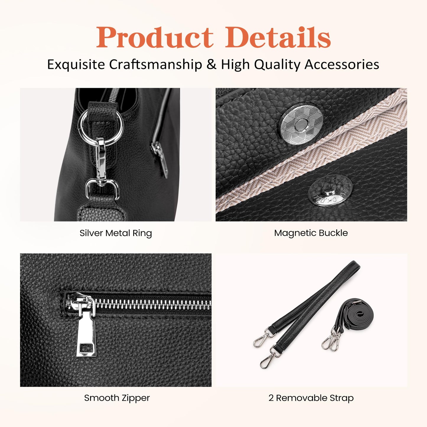 befen Genuine Leather Purse for Women, Black Leather Crossbody Bag Soft Hobo Purse Women's Shoulder Handbags with 2 Removable Straps Designer Cross Body Purses for Everyday & Travel & Work