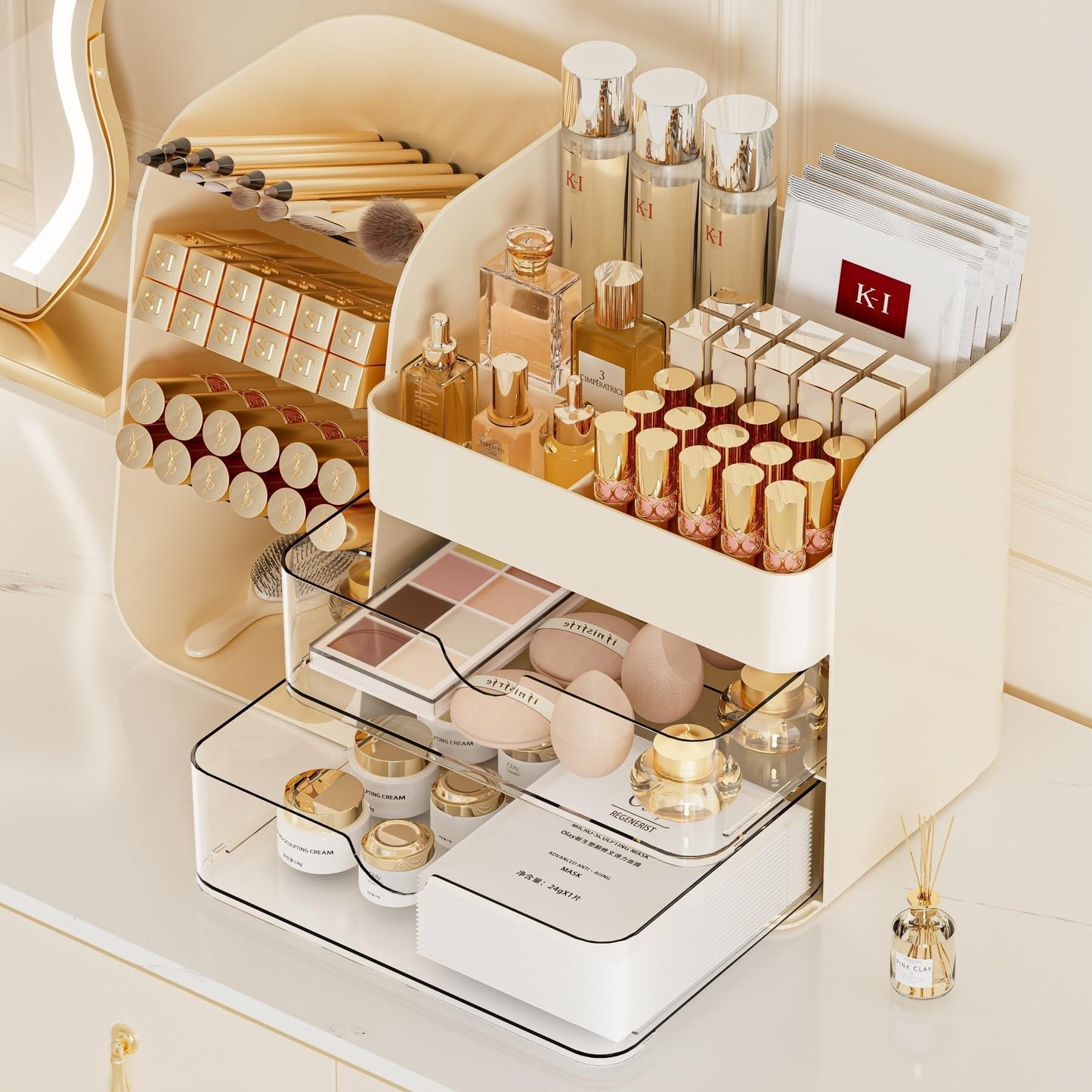 KQJS Makeup Organizer with Drawers, Large Capacity Countertop Organizer for Vanity, Bathroom and Bedroom Desk Cosmetics Organizer, Easy To Storage Skincare,Brushes, Eyeshadow,Lipstick (Cream)