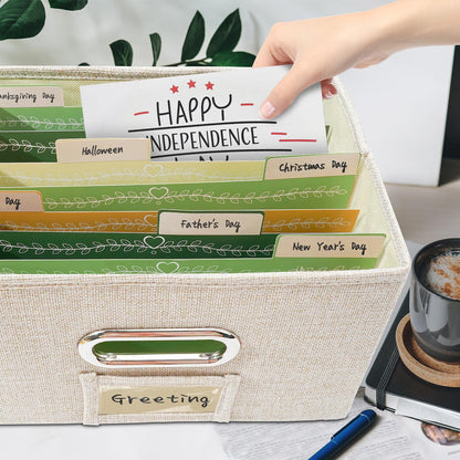 Vienrose Greeting Card Organizer 1 Pack, Storage Box with 20 Adjustable Dividers, Foldable Organizer Box Holds over 150 Cards, Storage Stickers Recipes Photos Envelopes Bills Vinyl Records, Beige