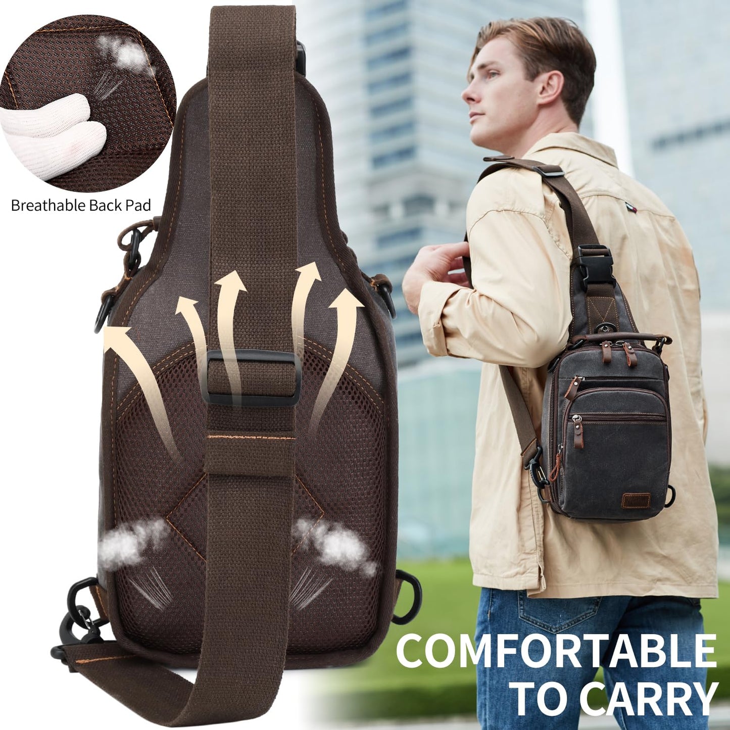 Nerlion Sling Bag for Men Waxed Canvas Crossbody Bag Chest Bag Shoulder Bag Casual Daypack for Travel (Gray)