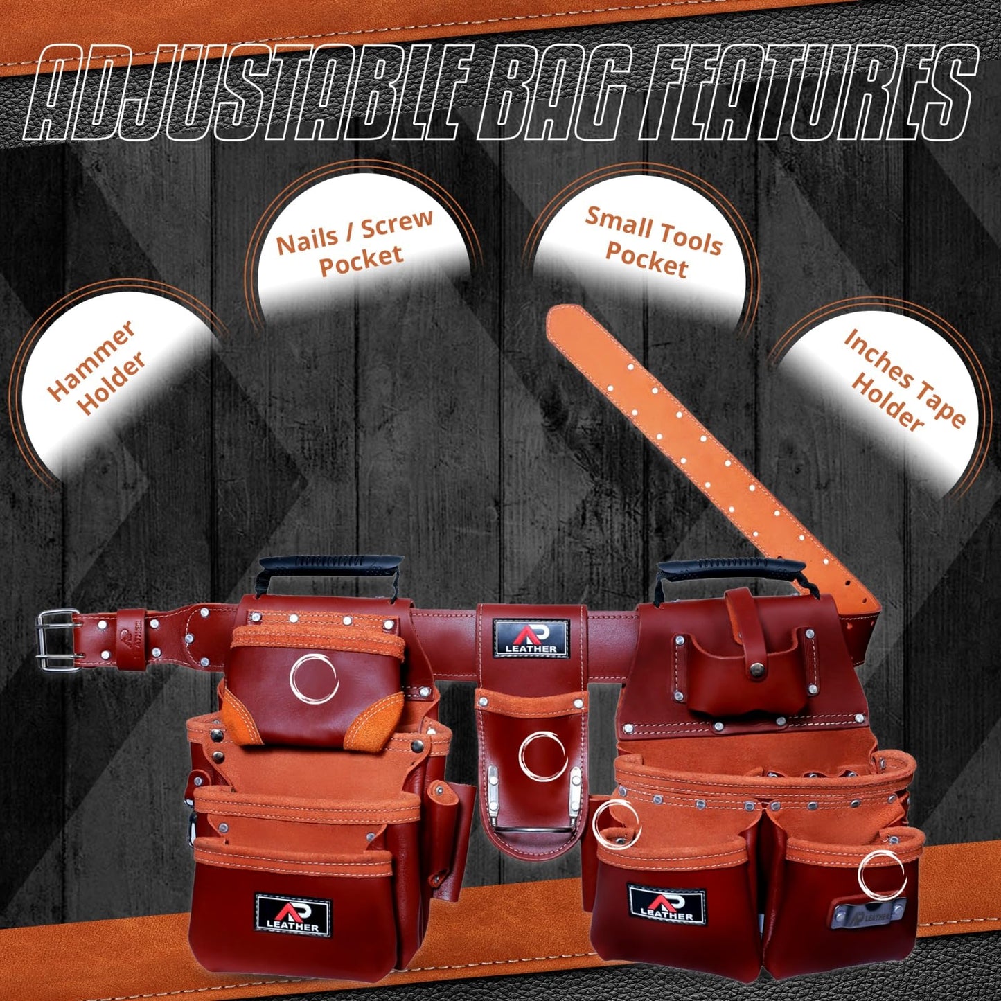 Ap-Leather Pro-302 Premium Oil Tanned Leather Tool Belt, Carpenter Tool bag | Tool Belt 29 Pockets Tool Pouch with 4 Loops, Carpenter, for 30" to 52 (Maroon Tool Belt, Extra Large)