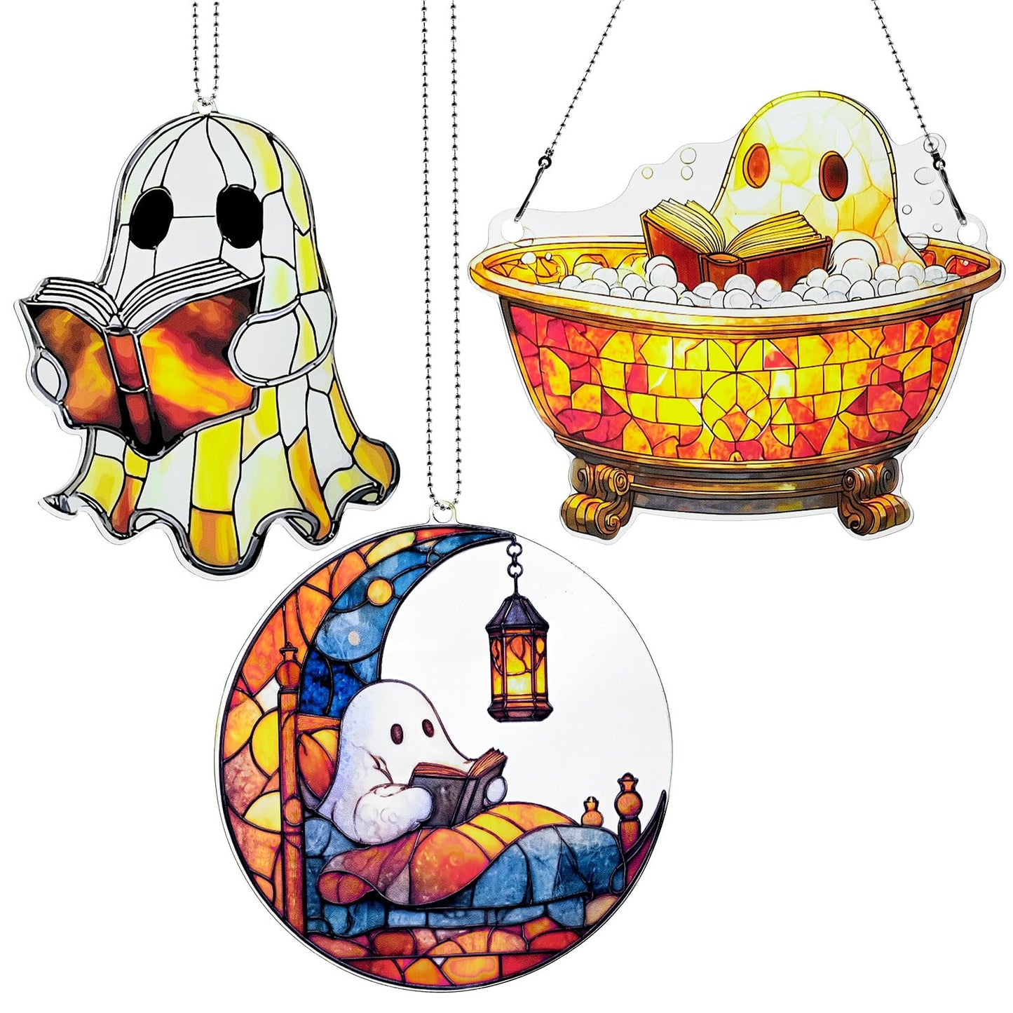 Ghost Reading Ornament Acrylic Suncatcher Window Hanging Wall Decor for Indoor Outdoor Doors Home
