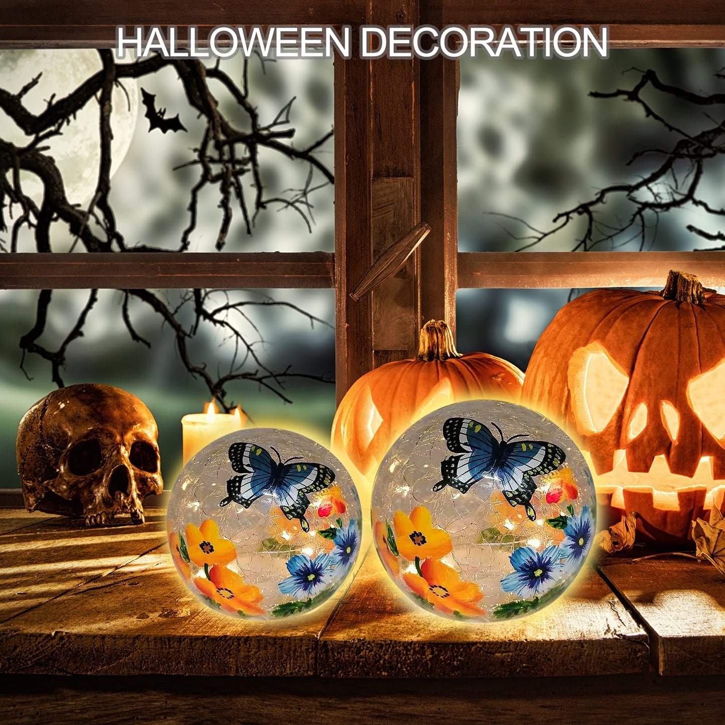 Crackle Glass Ball Light Butterfly Floral Pattern LED Night Light Indoor Tabletop Decorative Sphere Lamp for Home Decor Christmas Birthday Wedding Girls Women's Gift (2 Pack)
