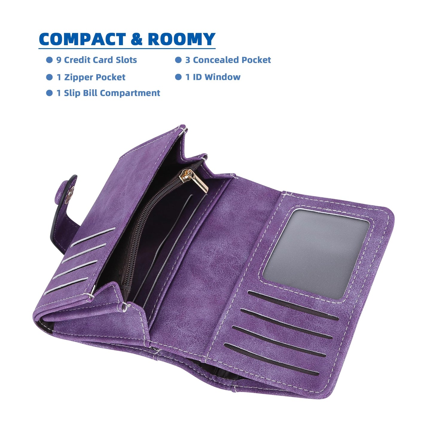 Cynure Women's Leather Bifold Credit Card Wallet Short Compact Wallet with Zipper Pocket, purple