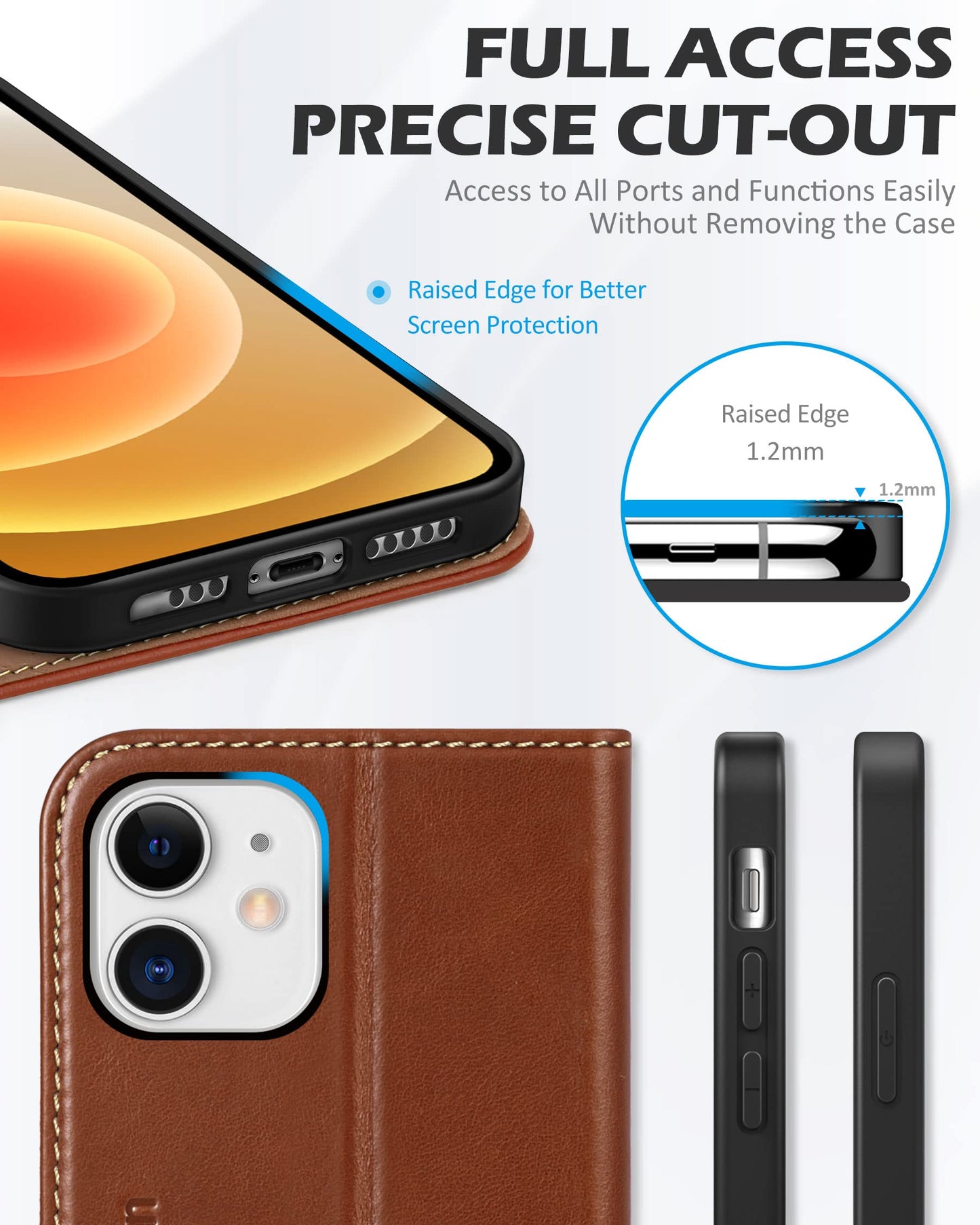 SHIELDON Wallet Case for iPhone 12 5G, Genuine Leather Folio Case Magnetic Shock Absorbing Cover RFID Blocking Credit Card Holder Kickstand Compatible with iPhone 12/12 Pro 6.1" - Retro Brown