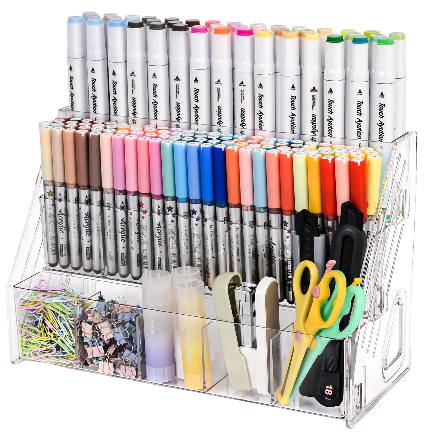 CELSOL Acrylic Pen Holder – 3 Tier 15 Compartments Vertical Storage for Markers, Pens & Art Supplies – Clear Desk Organizer for Home, School & Office – Ideal for Space-Saving & Desk Organization