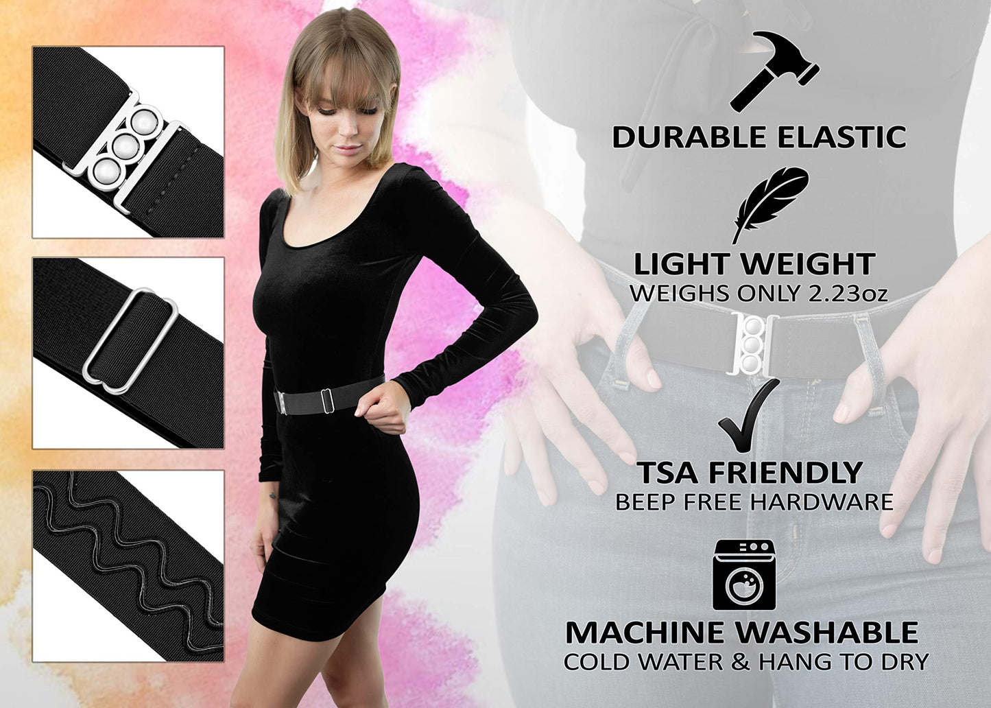 ONE-BELT No Show Invisible Elastic Belts for Women | Non Slip | Fits waist upto 50 Inch (Matte Black - Black, L -XXL)