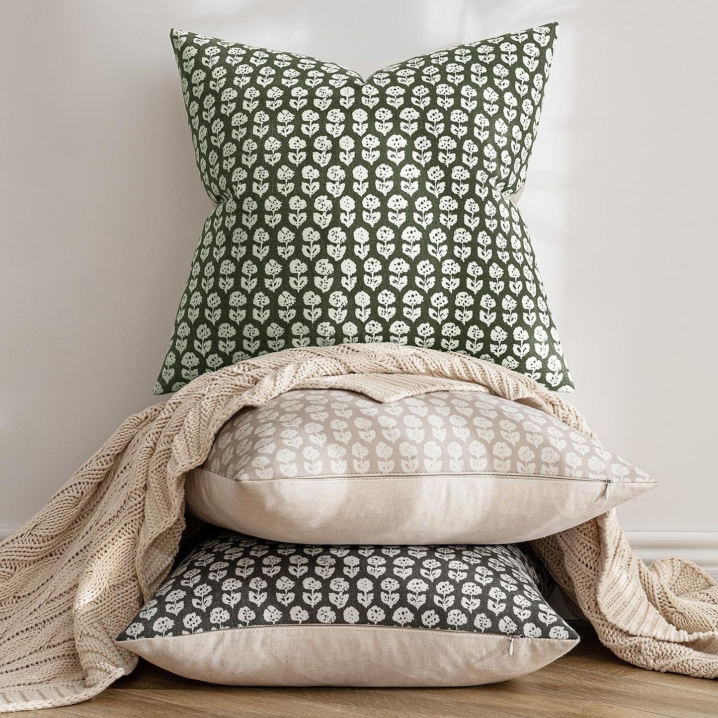 MIULEE Winter Block Print Pillow Covers 18x18 Inch Set of 2, Christmas Vintage Floral Throw Pillow Cases Neutral Linen Farmhouse Cushion Covers for Couch Sofa Bed Chair Living Room, Army Green