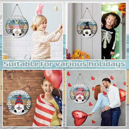Qunclay Interchangeable Wooden Gnome Decor Holiday Seasonal Gnome Decorations with Magnet Pieces and Detachable Hats Changeable Welcome Sign for Home(Cute Style)
