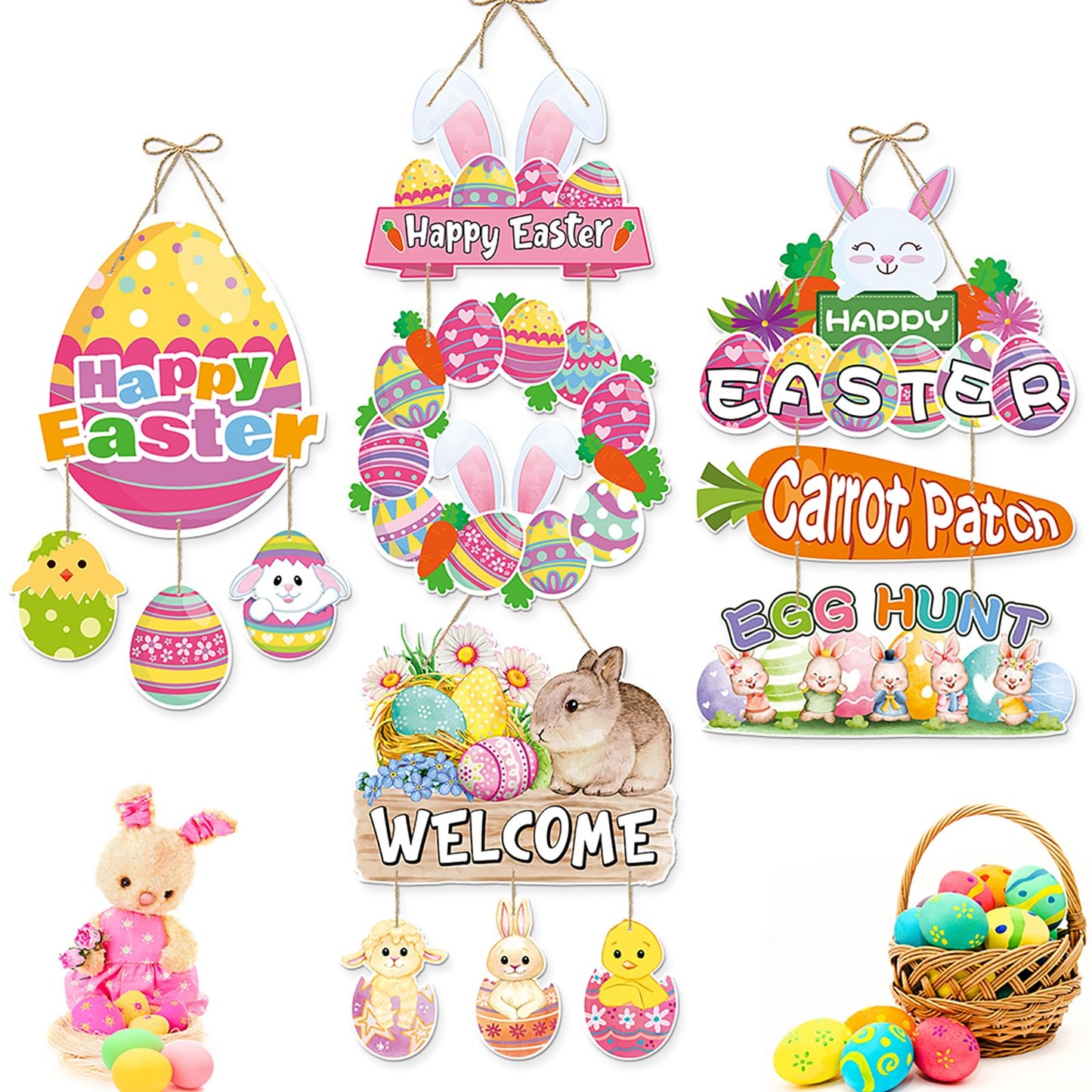 Easter Egg-Bunny Home Front-Door Hanger-Decor - 4pcs Pastel Rainbow Birthday Paper Signs Banners, Happy Easter Spring Wall Hanging Indoor Decorations Lasting Surprise