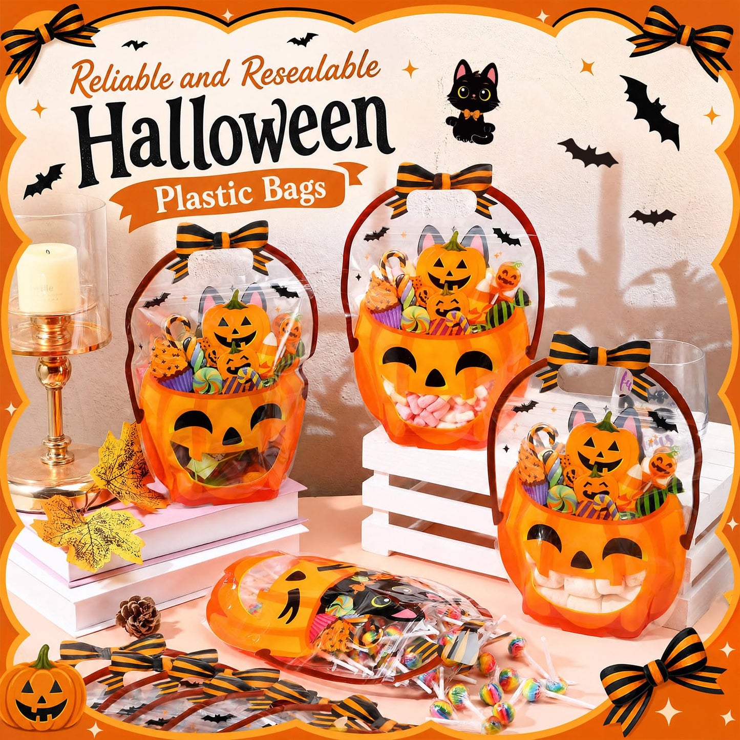 Fuutreo 50 Pcs Halloween Plastic Bags Clear Black Cat Pumpkin Sealed Gift Pouches with Handles Resealable Scary Holiday Favor Bags for Halloween Holiday Party Candy Gift Wrapping Supplies Decoration