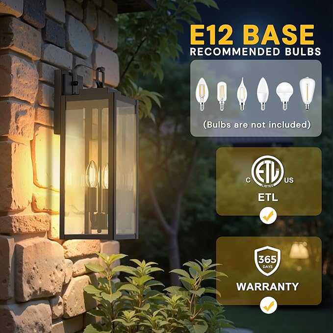 L LOHAS LED 18 Inch Dusk to Dawn Outdoor Wall Lights, 2-Light Black Outdoor Wall Sconce Lantern with Clear Glass Shade, Tall Transitional Exterior Light Fixtures for Porch, Garage, ETL Listed, 2 Pack