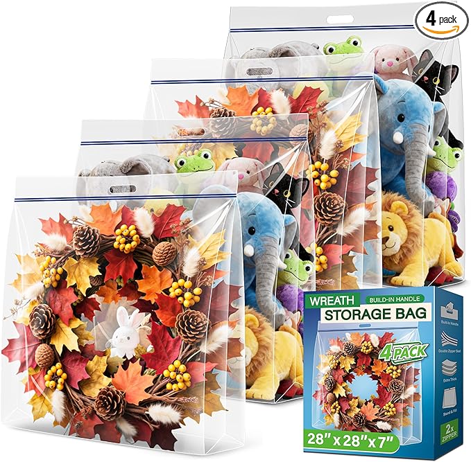Extra Large Wreath Storage Bag, 28"x28"x7", Clear Storage Bag with Handle, Summer Christmas Decoration Garland Container for Seasonal Thanksgiving Holiday Artificial Wreath, 4 Pack