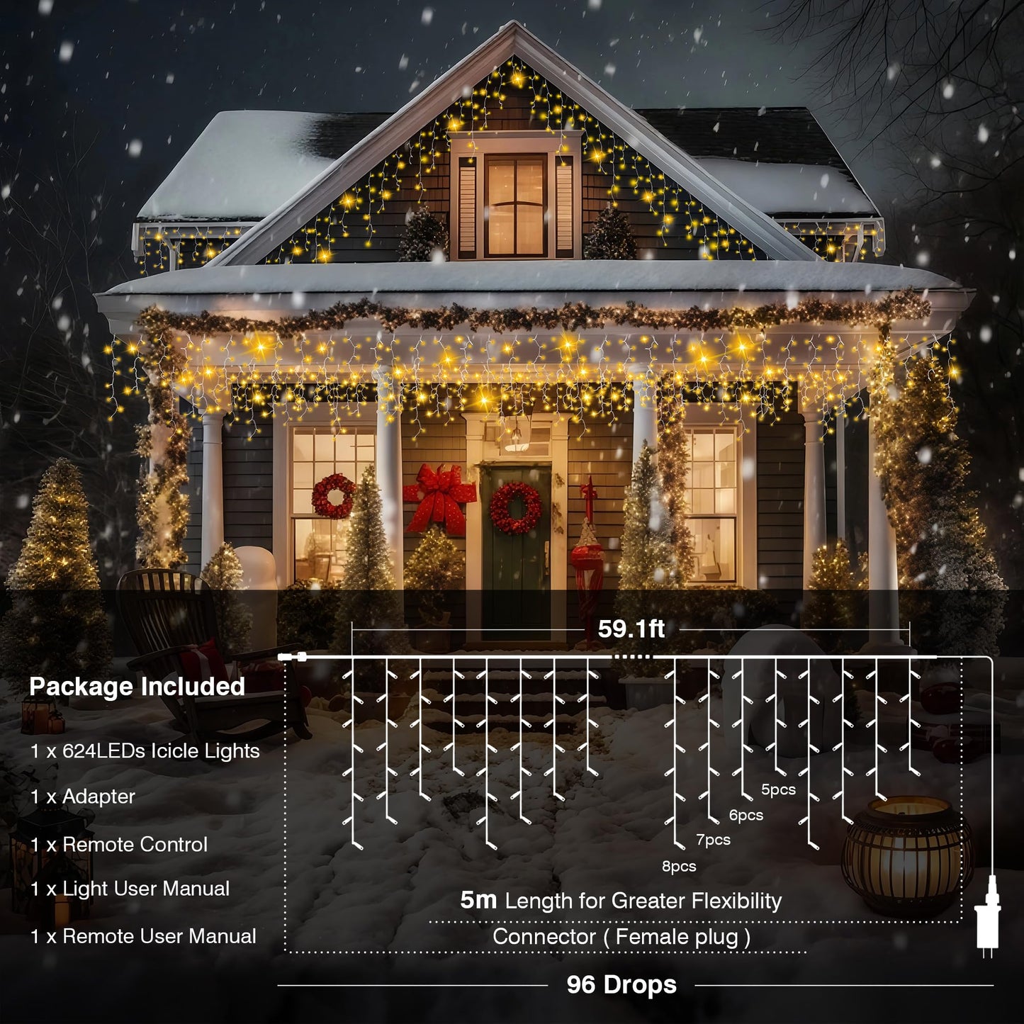 Xahpower 622 LED Icicle Lights Outdoor, Plug in 59ft Waterproof Christmas String Lights, Remote & Timer, Decoration for Wedding, Garden