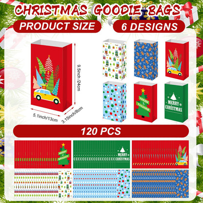 Kolldenn 120 Pcs Christmas Gift Bags Bulk 6 Styles Christmas Treat Bags 9.5 x 5.1 x 3.15 Inch Paper Goodie Pouches for Gifts Candy Snacks Lunch Holiday Party Supplies(Cute)