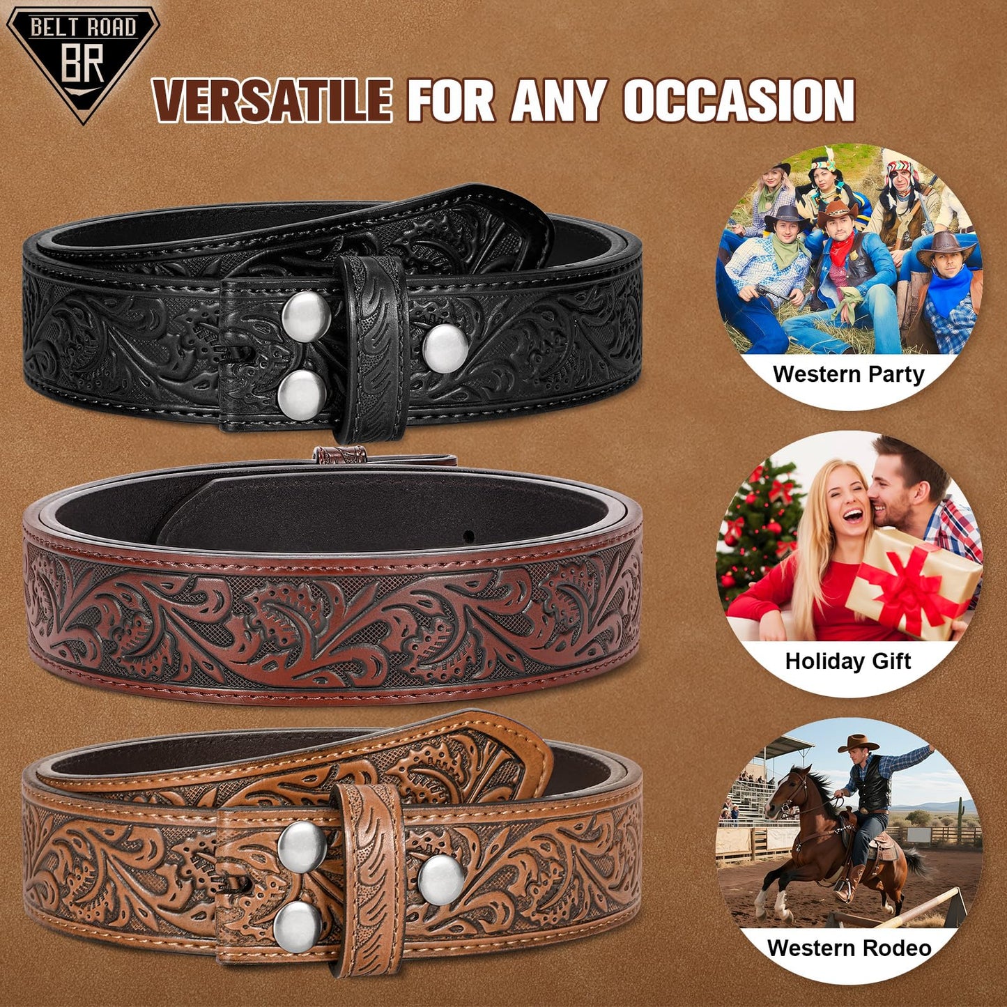 BELTROAD 3 Pack Western Belts for Men Women without Buckle Cowboy Belt for Buckle Mens Western Leaher Belt for Jeans
