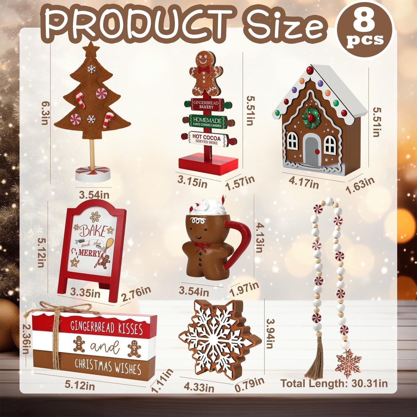 Gingerbread Christmas Decorations 8 PCS Tiered Tray Decor Set, Cute Tabletop Christmas Decor for Home Shelf Mantel Coffee Bar Office Xmas Table Centerpieces Tray Objects Holiday Baking
