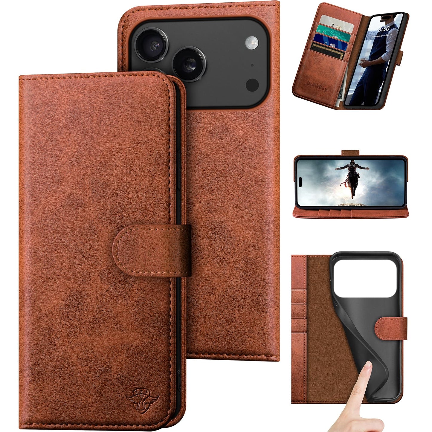 DuckSky Compatible with iPhone 17 Pro Max 6.9" Genuine Leather Wallet case【RFID Blocking】【4 Credit Card Holder】【Real Leather】 Flip Phone case Cover Women Men for Apple 17 Pro Max case Light Brown