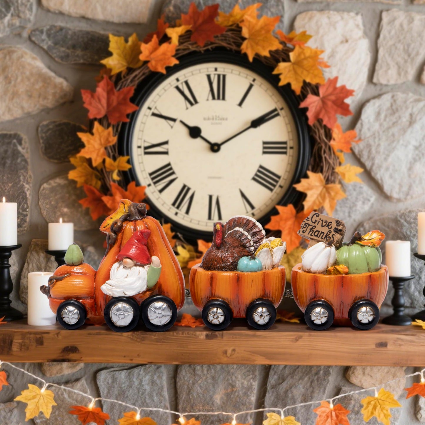 Hodao Thanksgiving Decor Indoor, Fall Resin Pumpkin Train Figurine with Gnome & Turkey, Cute Autumn Harvest Tabletop Decoration for Home, Perfect Fall Gift for Family Friends