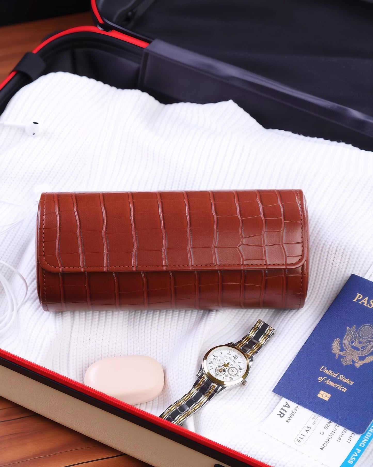 MR.OKAY 3 Watch Travel Case- Classic Leather Watch Case With Superb Texture.(Portable Watch Roll Or Organizer For Storage And Display).Festival Gift For Men, All Handcrafted By Artisans.